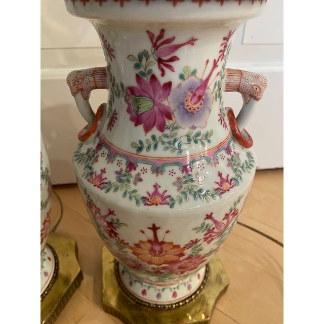 Vintage Chinese Export-Style Famille Rose Porcelain Vase Mounted Table Lamps - a Pair For Sale - Image 9 of 12