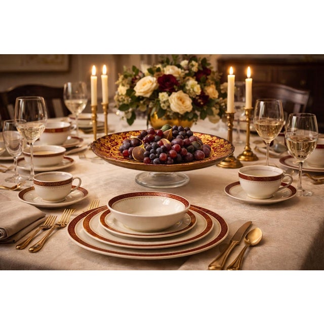 A richly detailed Hollywood Regency–style raised serving platter featuring a striking gold ground with deep red ornamental...