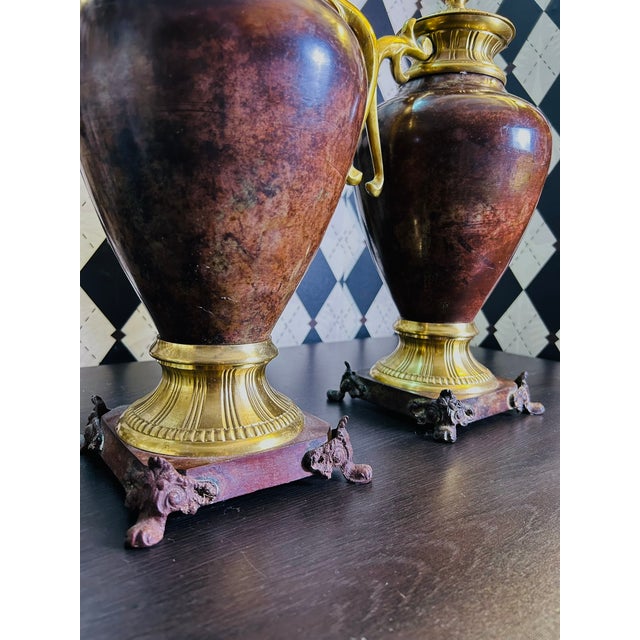 Metal 1970s Grand Neoclassical Patinated Metal Urns With Gilt Scroll Handles, Pair, 16" For Sale - Image 7 of 15
