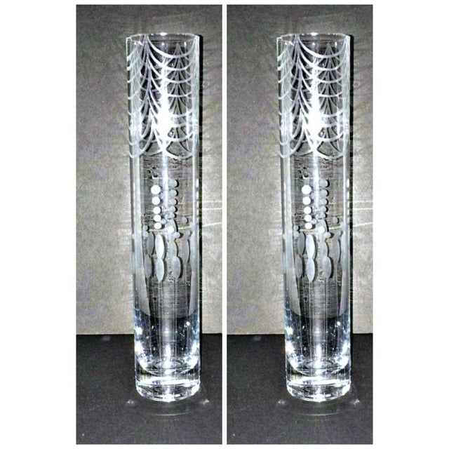 Glass Etched Clear Glass Bud Vase - A Pair For Sale - Image 7 of 12