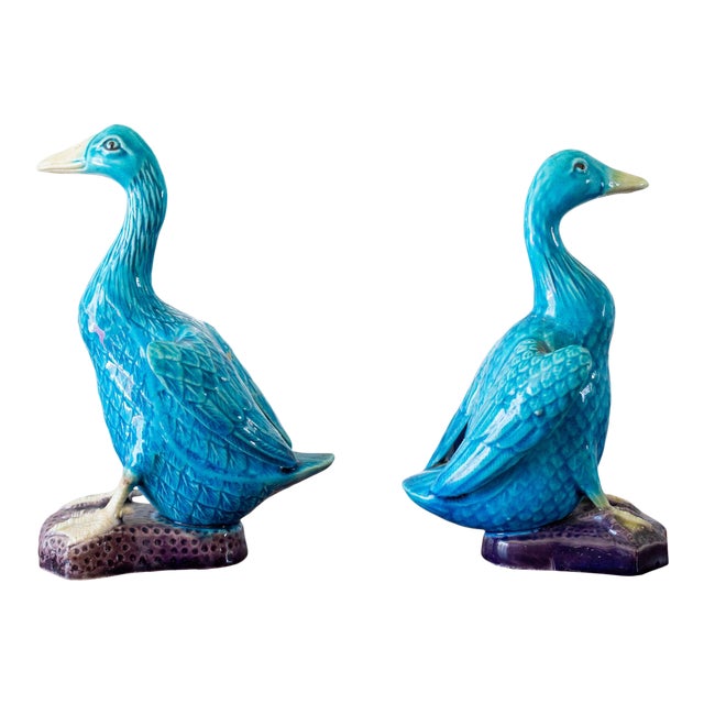 1960s Mid-Century Chinese Ceramic Turquoise Ducks - a Pair For Sale