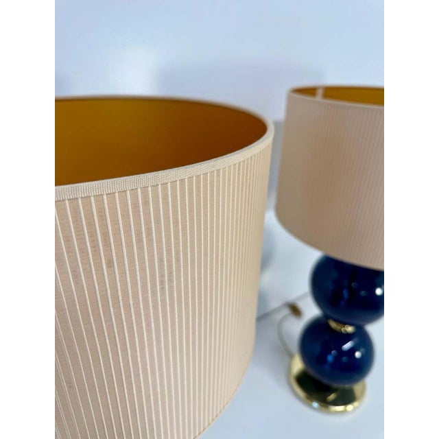 2000 - 2009 Murano Glass Lamps with Blue Spheres and Ivory Lampshades, Set of 2 For Sale - Image 5 of 9