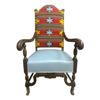 Antique Carved Walnut Hacienda Chair Reupholstered With Artisanal Oaxaca Zapotec Tapestry and Leather For Sale