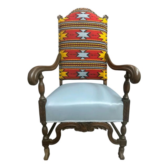 Antique Carved Walnut Hacienda Chair Reupholstered With Artisanal Oaxaca Zapotec Tapestry and Leather For Sale
