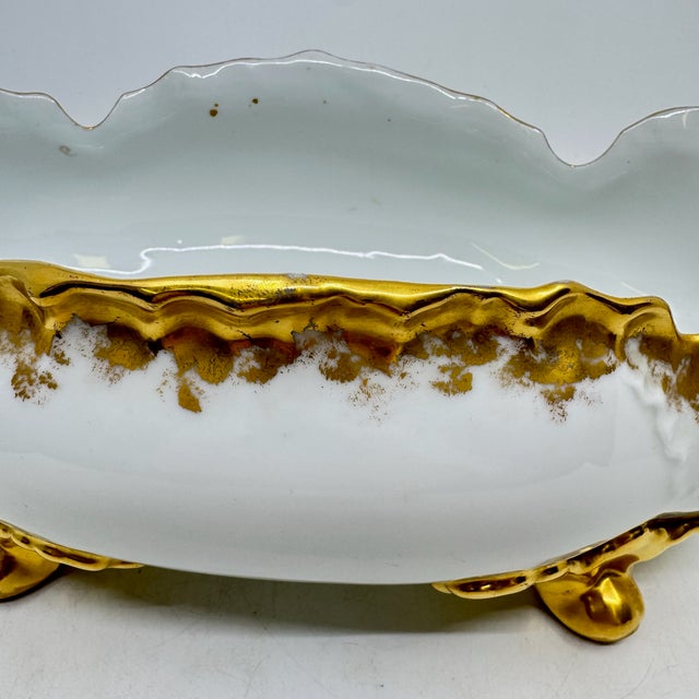 Vintage Bavarian Gold Trimmed Porcelain Oval Claw Foot Bowl Details: Vintage Bavarian gold-trimmed white porcelain oval...