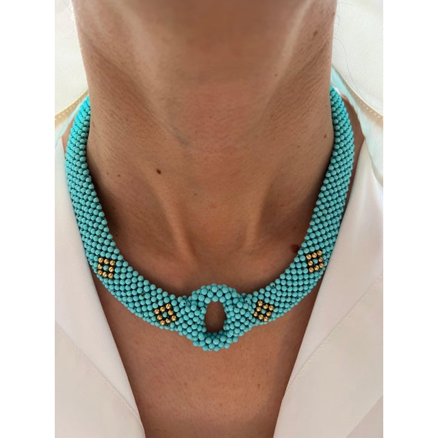 Teal Blue Turquoise Round Fancy Beads Unique Choker 14k Gold Statement Necklace For Sale - Image 9 of 10
