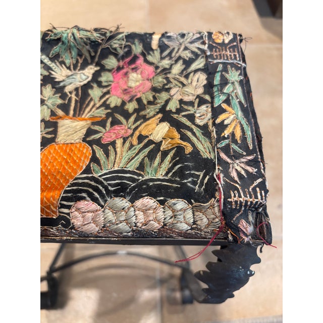 Metal Antique Metal Vanity Stool With Tattered Chinoiserie Needlework Seat For Sale - Image 7 of 10
