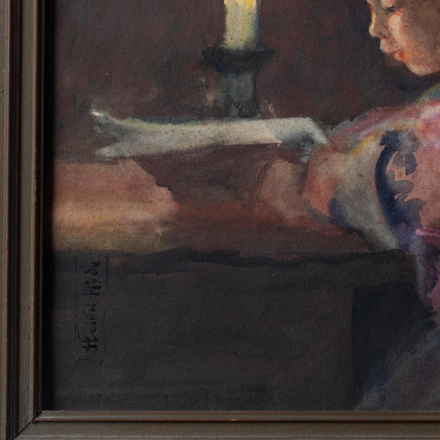 1900 - 1909 Helen Hyde - Girl Reading by Candlelight, Japanisme Watercolor, C.1900 For Sale - Image 5 of 8