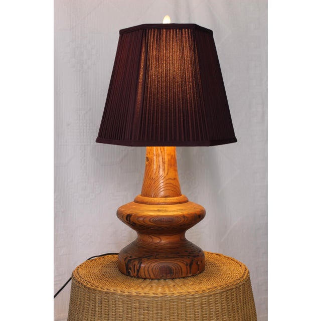 1970s Handmade Wooden Lamp With Brown Pleated Shade For Sale - Image 4 of 11