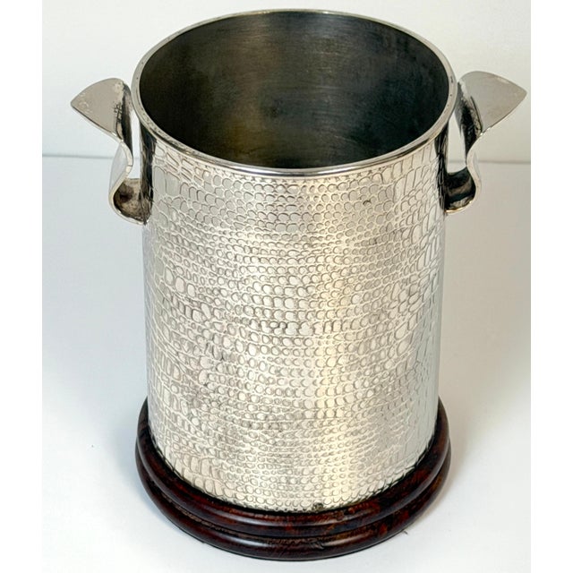 Edwardian English Silver-Plate Alligator Skin Motif Wine Coaster on Wood Base An elegant Edwardian English silver-plated...