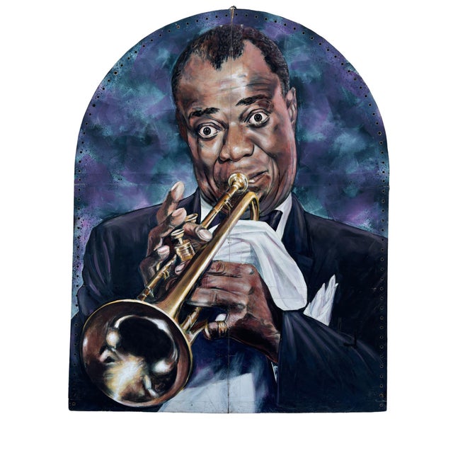 10' Foot Tall Oil on Canvas Portrait of Louis Armstrong Folding Screen 1980, Signed Kenmarek For Sale