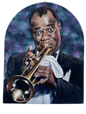 10' Foot Tall Oil on Canvas Portrait of Louis Armstrong Folding Screen 1980, Signed Kenmarek