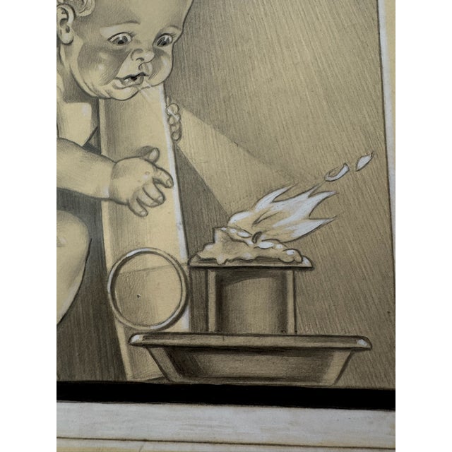 American Original Signed Graphite Illustration of Cherub Celebrating New Year 1943, 11 × 9.5 In. For Sale - Image 3 of 6