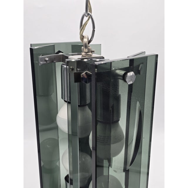 Pendant Light in Thick Green-Grey Glass and Chromed Metal in the style of Fontana Arte, 1970 For Sale - Image 12 of 14