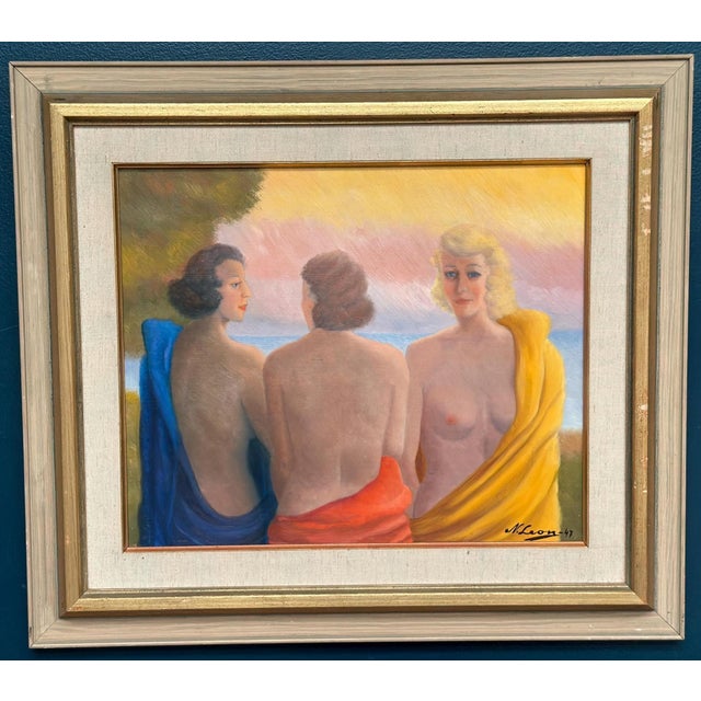 N. Leon, Three Women, 1947, Oil Painting on Panel, Framed For Sale - Image 6 of 18