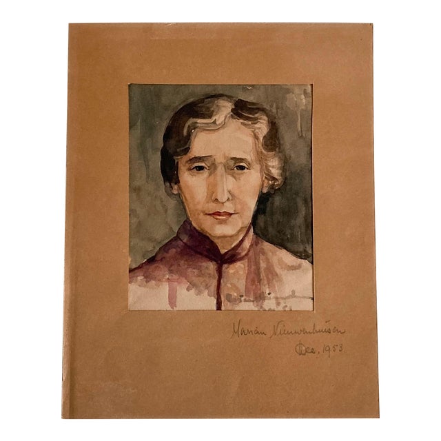 1953 Modern Portrait Watercolor Painting of a Woman Wearing a Kimono Jacket For Sale