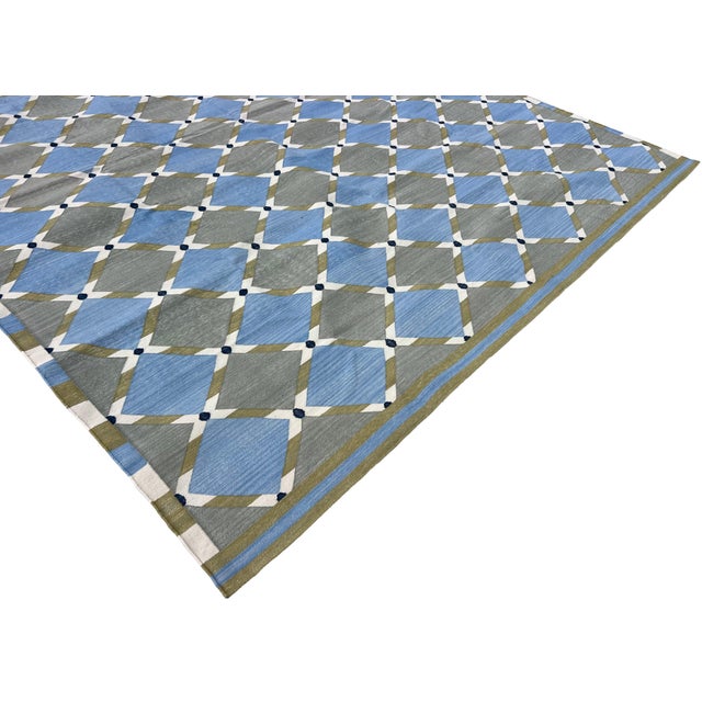 Handwoven Cotton Area Rug, Grey, Sky Blue, Green and Cream Geometric Dhurrie - 8'x10' For Sale - Image 9 of 13