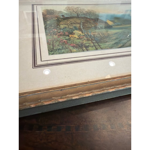 English Vintage 1950s Cottage Garden Landscape Print in Chippy Gold Wood Frame For Sale - Image 3 of 7