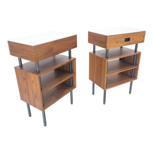 Pair of Oiled Walnut 1 Drawer 3 Tier Side End Tables Stands Composite Top Mint! For Sale