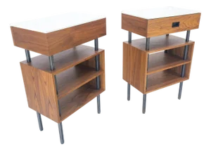 Pair of Oiled Walnut 1 Drawer 3 Tier Side End Tables Stands Composite Top Mint!
