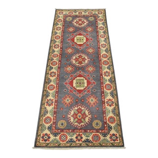 Kazak Runner 2’10” X 6’7” Blue Wool Tribal Hand-Knotted Oriental Rug For Sale