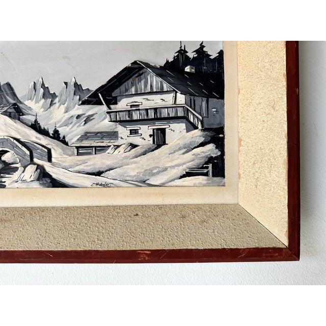 Black 1970s Vintage Carved Wood Relief Winter Landscape Painting, Signed For Sale - Image 8 of 12