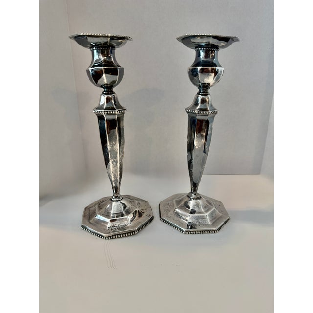 Art Deco Pair of Unweighted Antique Woodside Sterling Co. Hexagonal Candlesticks .925 For Sale - Image 3 of 11