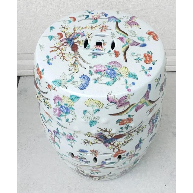 Pair of 20th Century Chinoiserie Famille Rose Floral and Fauna Porcelain Barrel-Form Garden Stools/Seats This is a great...