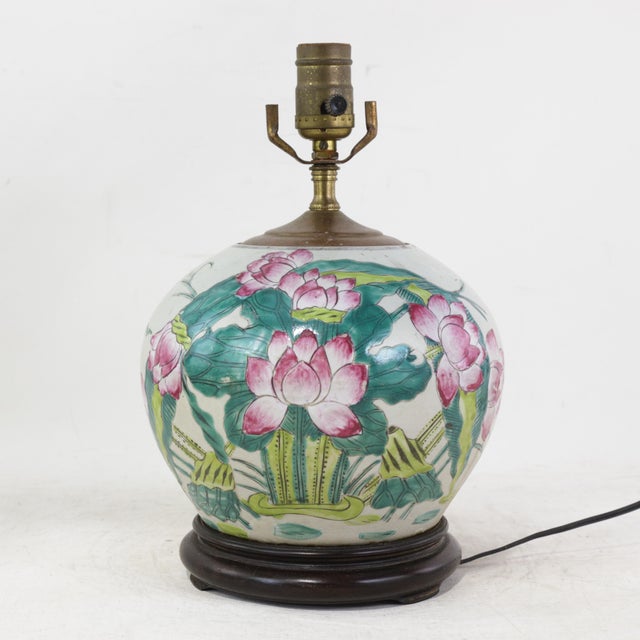 Vintage Famille Rose Porcelain Vase Lamp With Pink Lotus Blossom and Water Lily Motif For Sale - Image 14 of 14