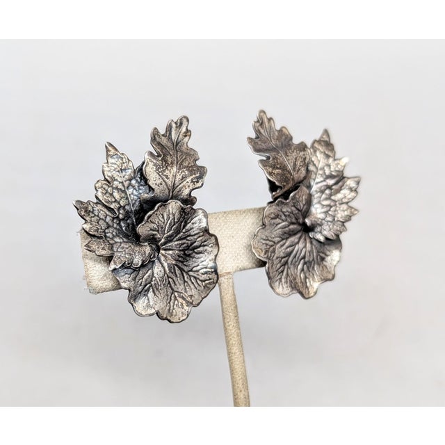 Mid-Century Modern Vintage 1950s Signed Napier Silvertone Leaves Clip Earrings-2 Pieces For Sale - Image 3 of 7