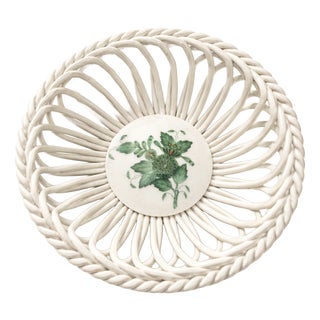 Vintage Handpainted Apponyi Green 7373 Openwork Porcelain Basket from Herend, Hungary, 1970s For Sale