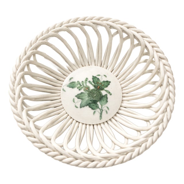 Vintage Handpainted Apponyi Green 7373 Openwork Porcelain Basket from Herend, Hungary, 1970s For Sale