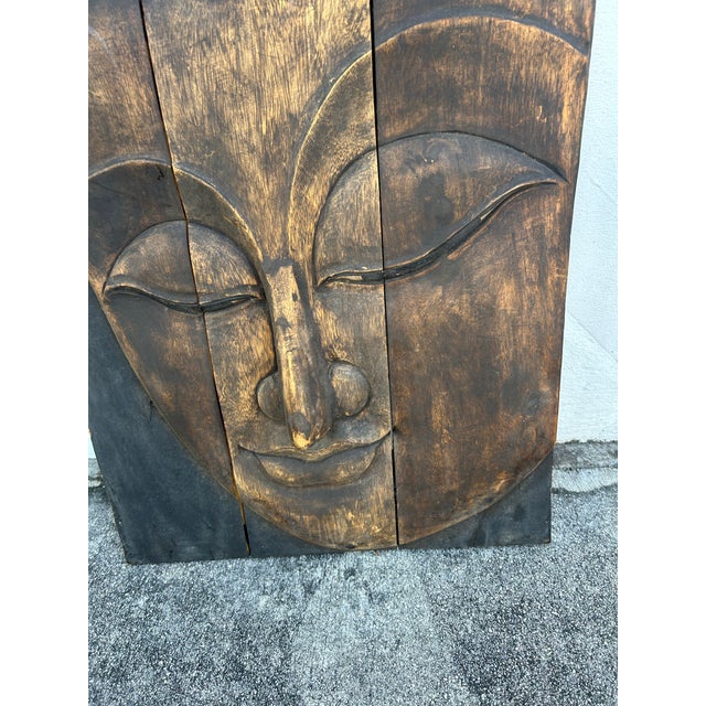 1920s Pair of Antique Carved Wood Plaques With Asian Faces. For Sale - Image 5 of 7