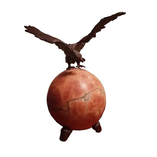 Metal Round Full Moon Shape Alabaster Table Lamp with Bronze Eagle, 1920s For Sale - Image 7 of 14