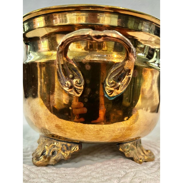 1970’s Solid Brass 5.5' Cache Pot With Feet and Handles For Sale - Image 4 of 7
