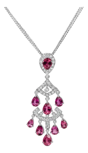 18K White Gold 1 1/10 Cttw Diamond and Pink Tourmaline Double-Strand Art Deco Inspired Chandelier 18" Pendant Necklace (F-G Color, VVS2-VS1 Clarity)
