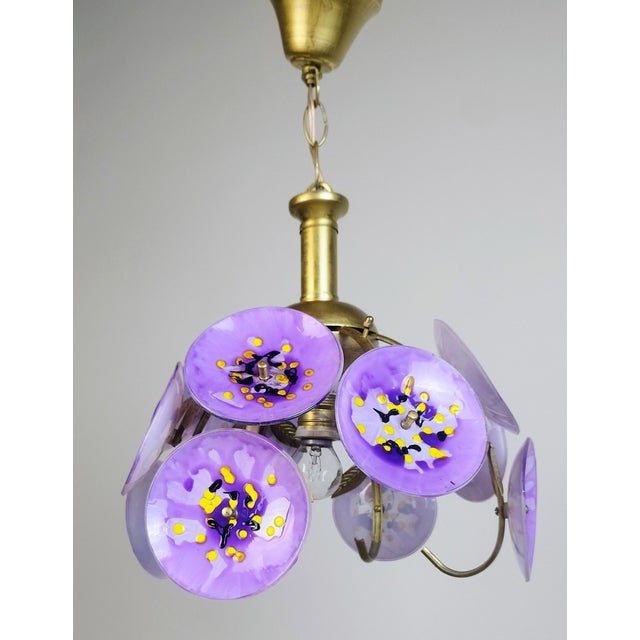 Vintage Floral Glass Chandelier Hand Painted Purple Ceiling Light One of a Kind Statement Lighting For Sale - Image 11 of 11