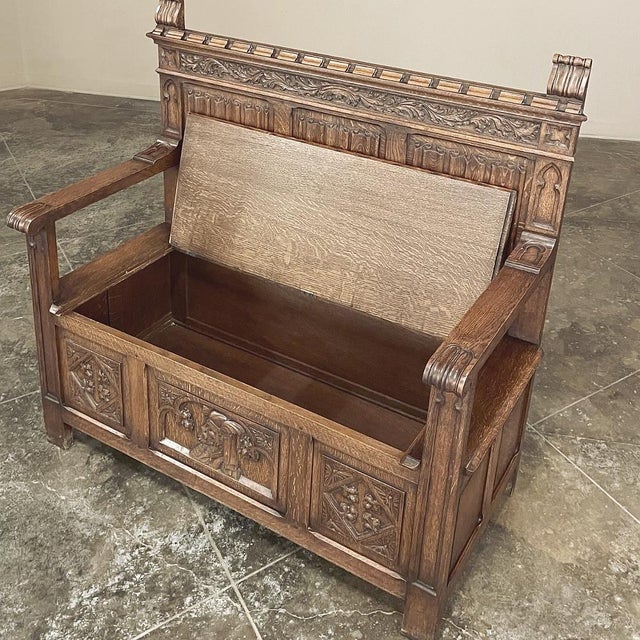 Wood Antique Gothic Revival Carved Hall Bench For Sale - Image 7 of 18