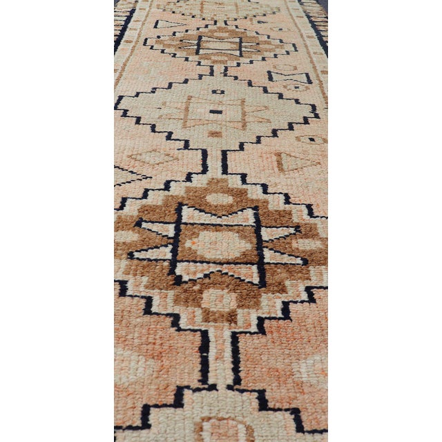 Mid 20th Century Vintage Turkish Oushak Runner With Medallion Design Outlined in Navy Blue For Sale - Image 5 of 11