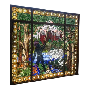 Contemporary Stained Glass Window With Castle Scene and Unicorn and Knight