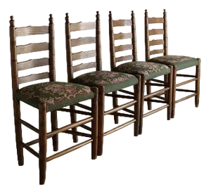 Rustic Ladder-Back Oak Chairs with Embroidered Seats, Netherlands, 1950s, Set of 4