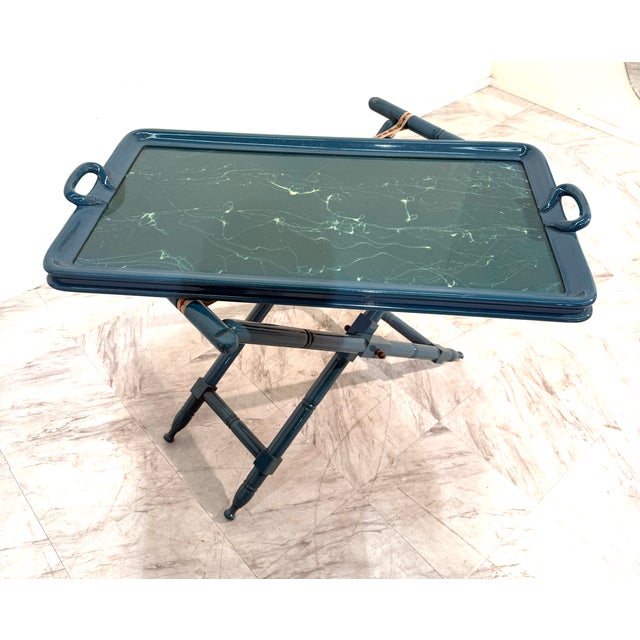 1970s Vintage Italian Folding Tray Table With Green Marble Top For Sale - Image 4 of 11
