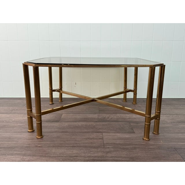 Vintage Hollywood Regency Style Brass and Smoked Glass Coffee Table, 1970s For Sale - Image 4 of 17