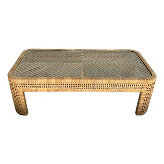 Woven Rattan Coffee Table With Glass Top Over Chevron Pattern For Sale