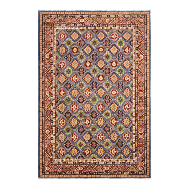 Boho Chic Kazak Light Blue/Red Wool Rug - 10'1''x13'10'' For Sale