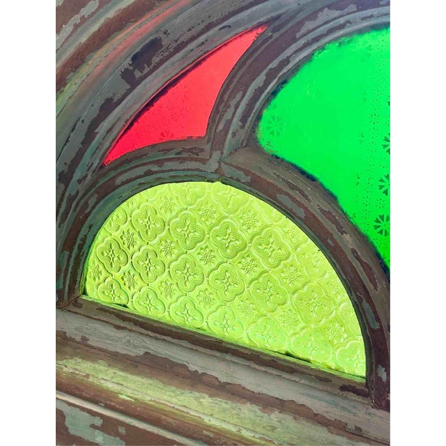 Antique Indian Teak and Cathedral Glass Overdoor Lunette, First Half of the 20th Century, 1920s For Sale - Image 11 of 15