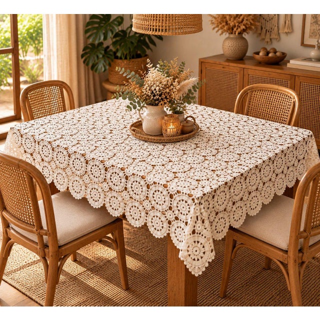 Vintage Crochet Tablecloth or Bedspread Doily Design Ecru Handmade For Sale - Image 4 of 5
