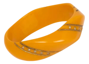 Bakelite Carved Butterscotch Bracelet Bangle with Rhinestones