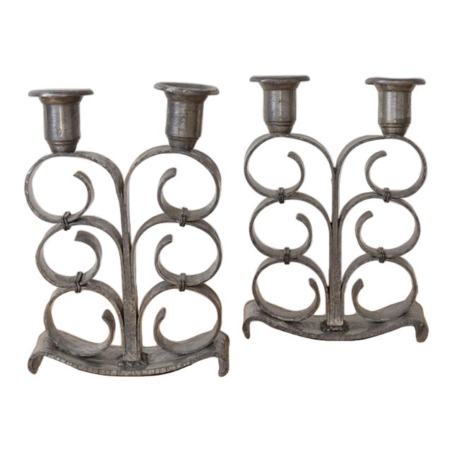 1930s Pair of French Pewter Scroll Candlesticks For Sale