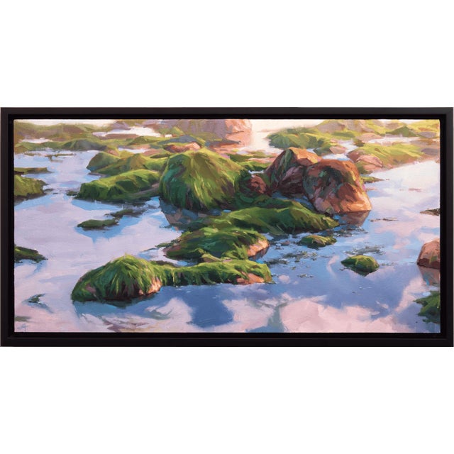 Shallow Focus by Judd Mercer | Oil On Panel Landscape with rocks and greenery in water. For Sale